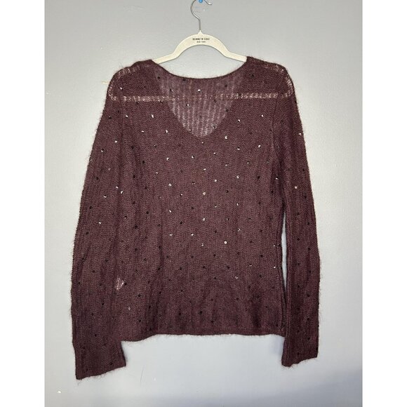 Sequin Mohair Blend Sweater Womens L Purple Fuzzy Sheer Layer Plum V Pullover - Picture 8 of 12